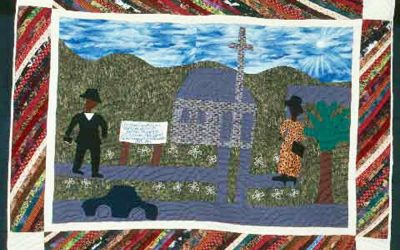 "Christian Chapel Church." This quilt depicts when the Christian Chapel Church when it first moved to town in the late 1800s. The quilt was made as part of the Port Gibson Bicentennial Art Project in 2003 (photo by David Crosby).