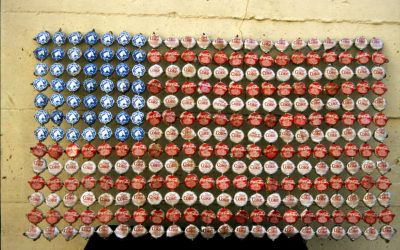 An American flag made from bottle caps.